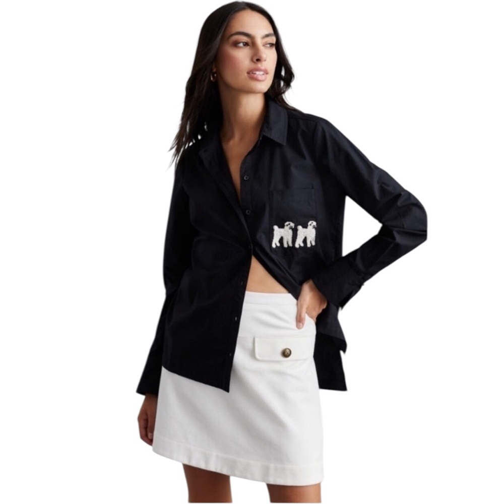 Maeve Anthropologie Poodle Shirt Top Button Up Black
